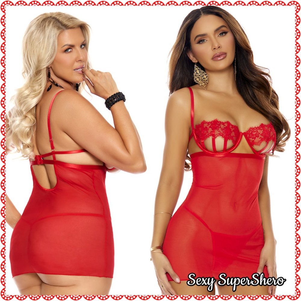 🆕❤️"Ayla" Strappy Open Cup Underwired Mesh Babydoll Lingerie Set -PLUS SIZE - Picture 4 of 5